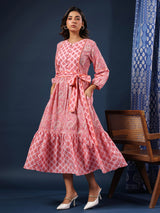 Pastel Pink handblock printed cotton dress with belt and pockets.
