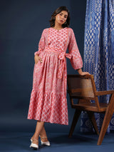 Pastel Pink handblock printed cotton dress with belt and pockets.