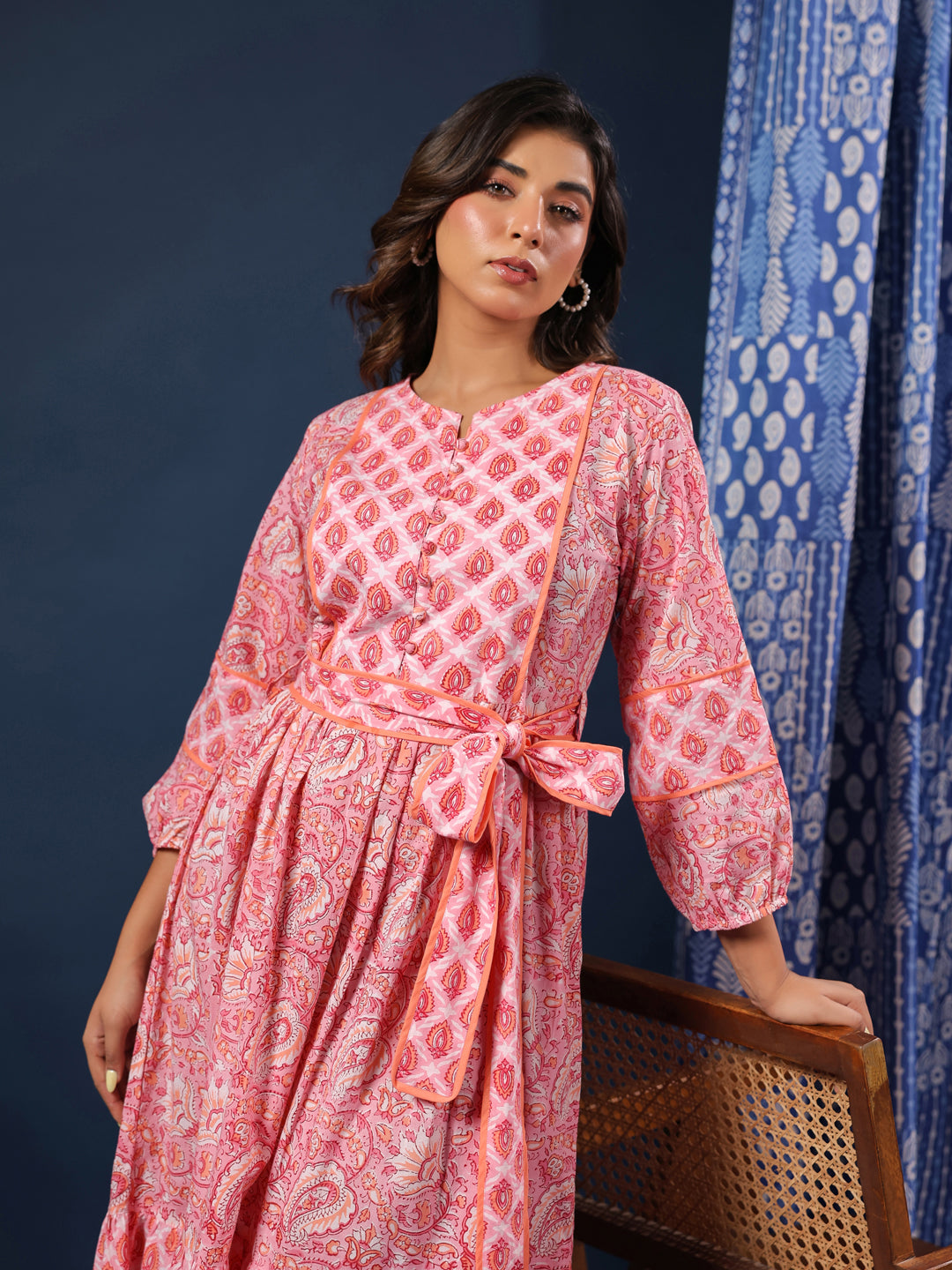 Pastel Pink handblock printed cotton dress with belt and pockets.