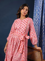 Pastel Pink handblock printed cotton dress with belt and pockets.