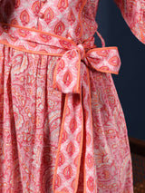 Pastel Pink handblock printed cotton dress with belt and pockets.
