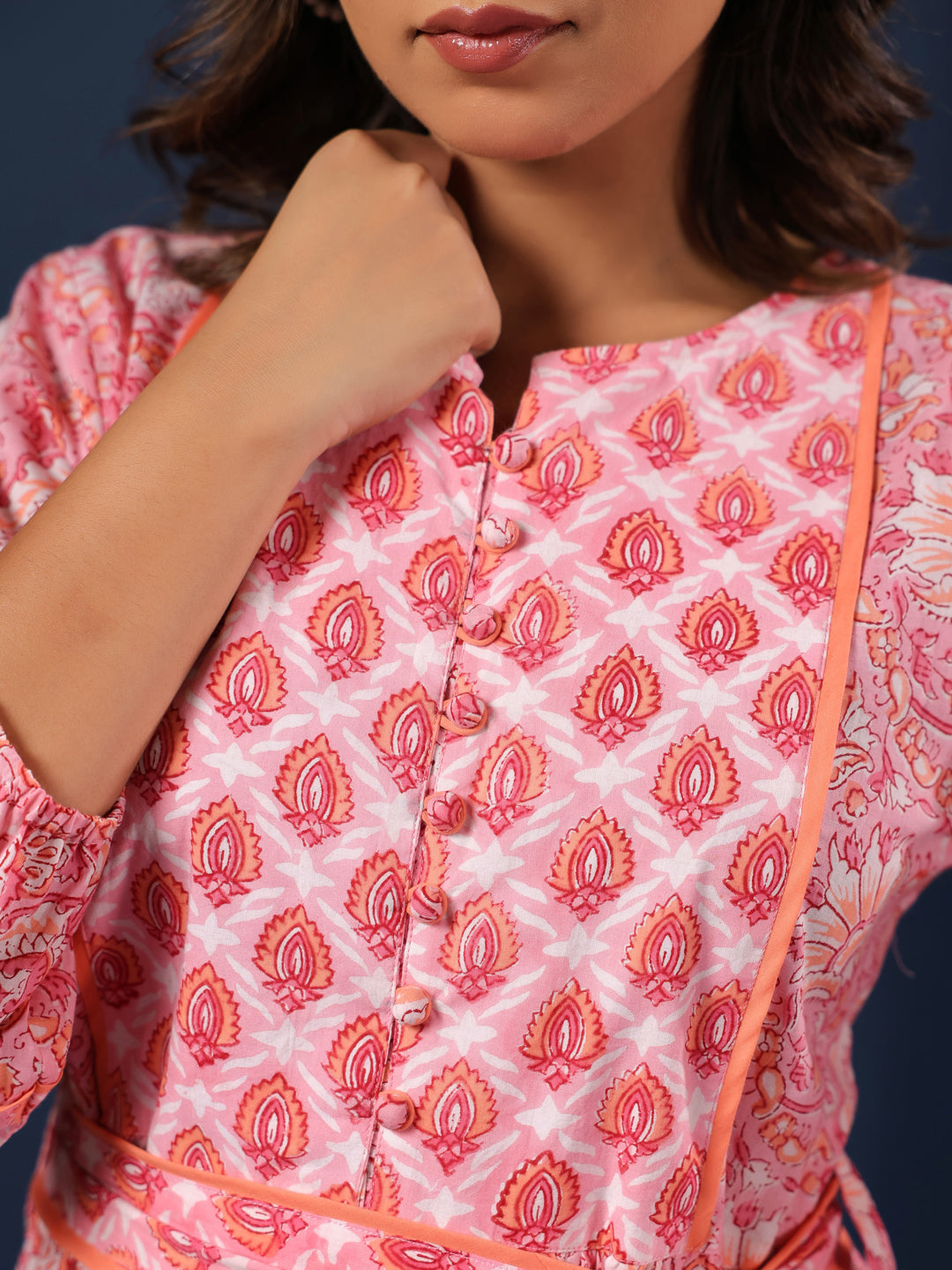 Pastel Pink handblock printed cotton dress with belt and pockets.