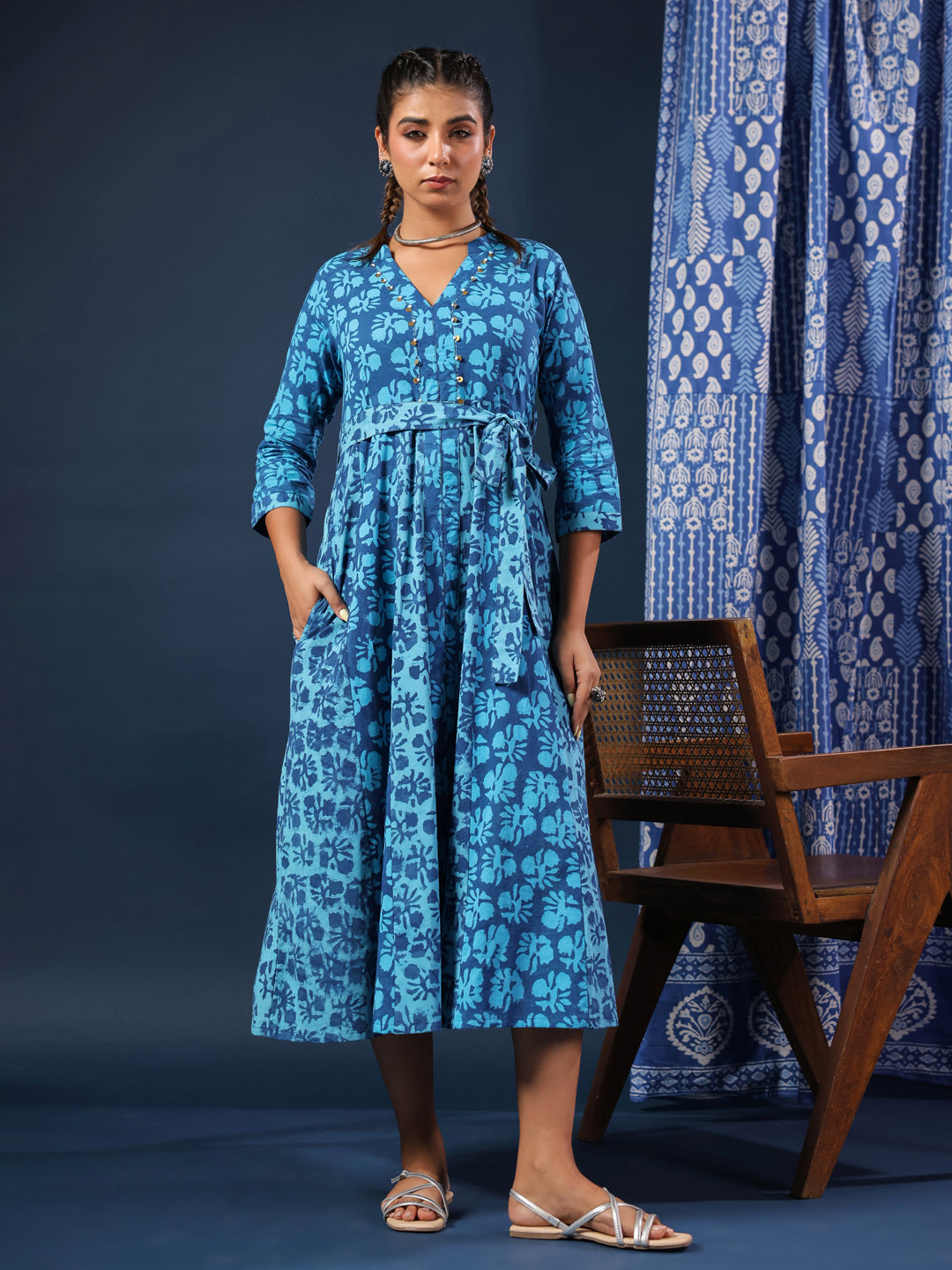 Pure Blue Indigo Handblock Printed Dress