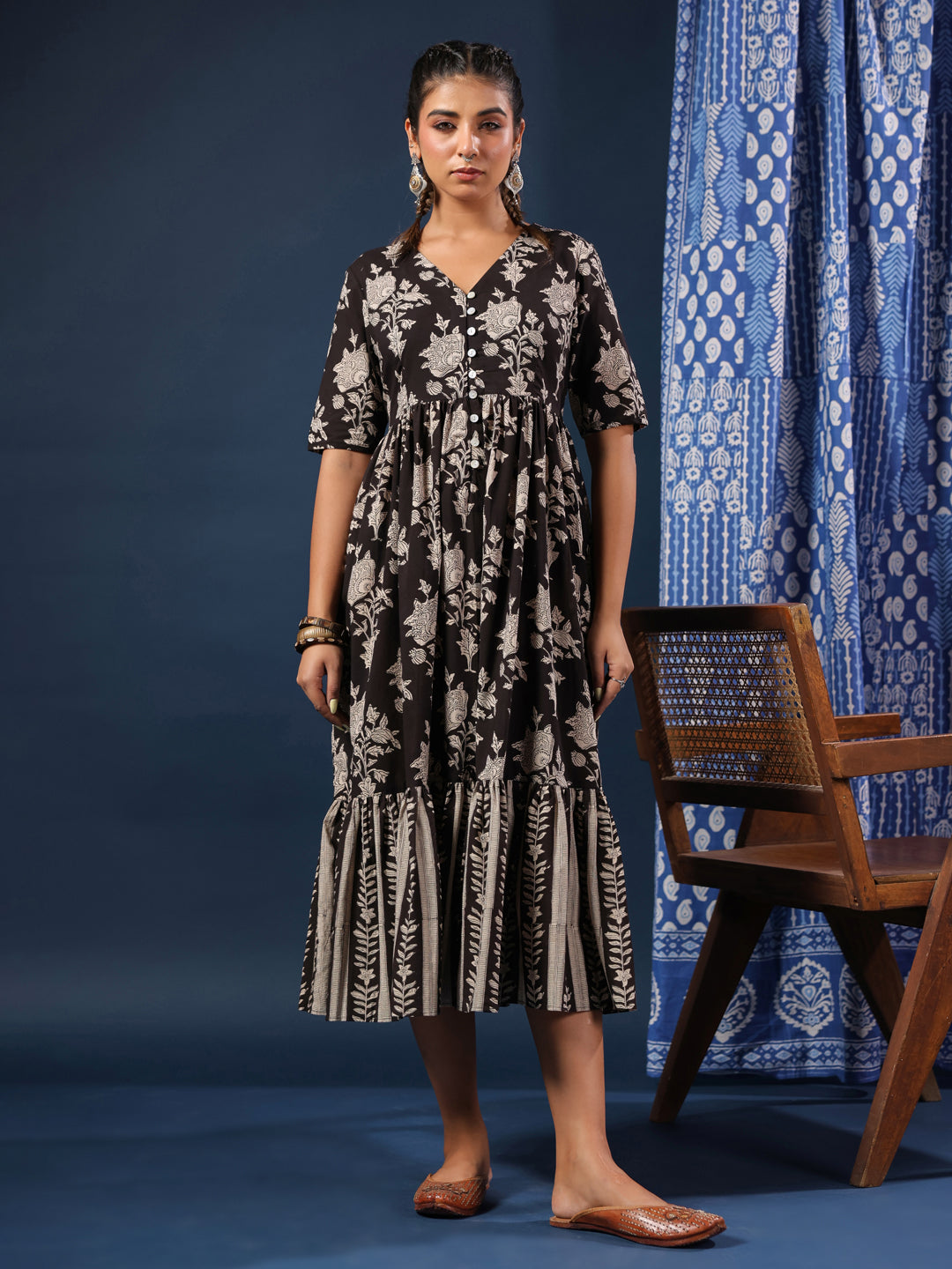 Black Bagru Handblock Printed Cotton Dress