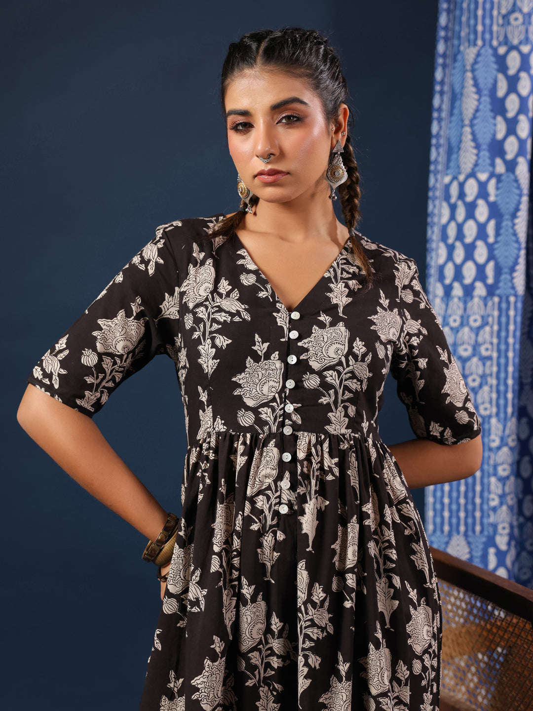 Black Bagru Handblock Printed Cotton Dress