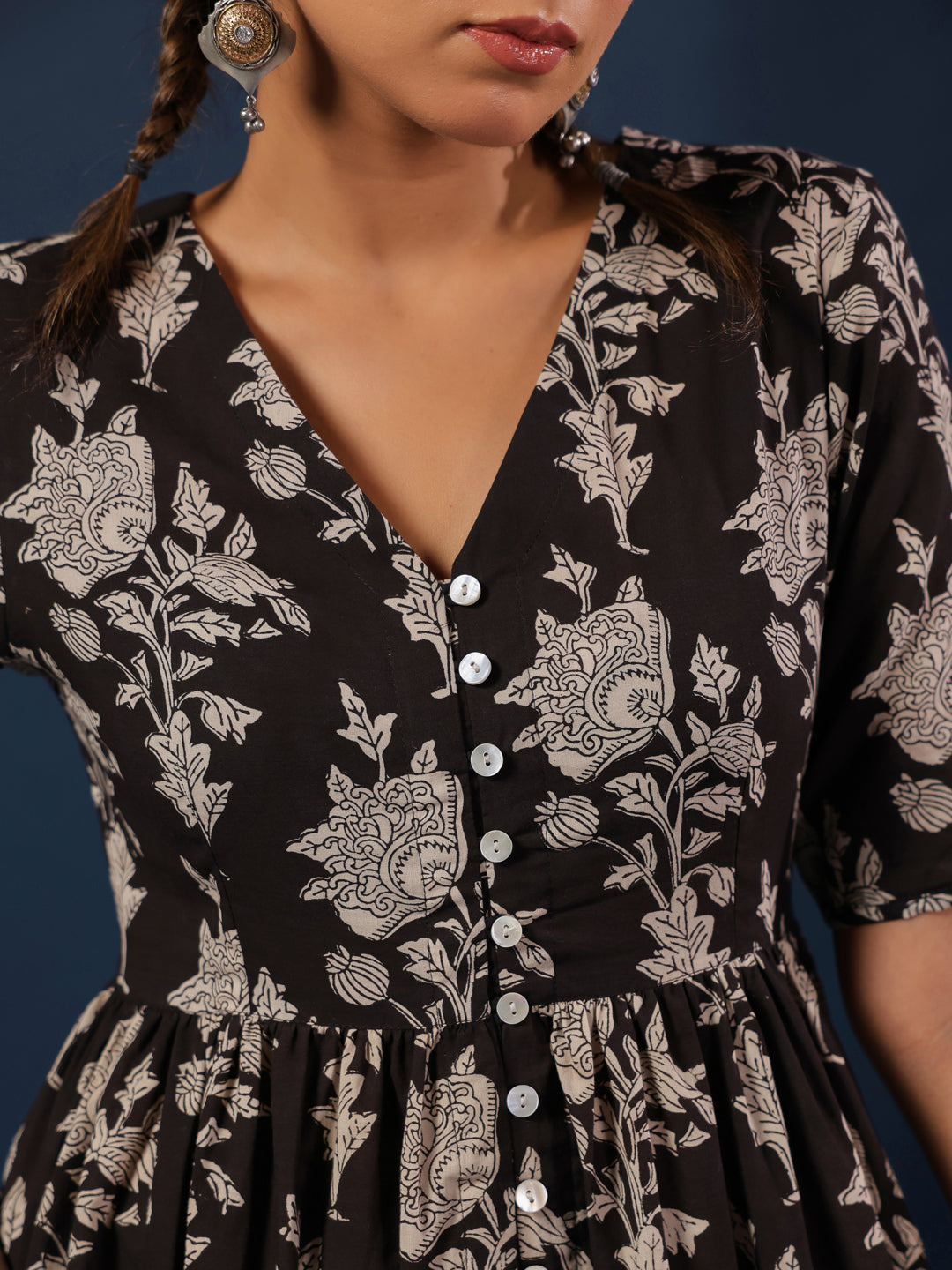 Black Bagru Handblock Printed Cotton Dress