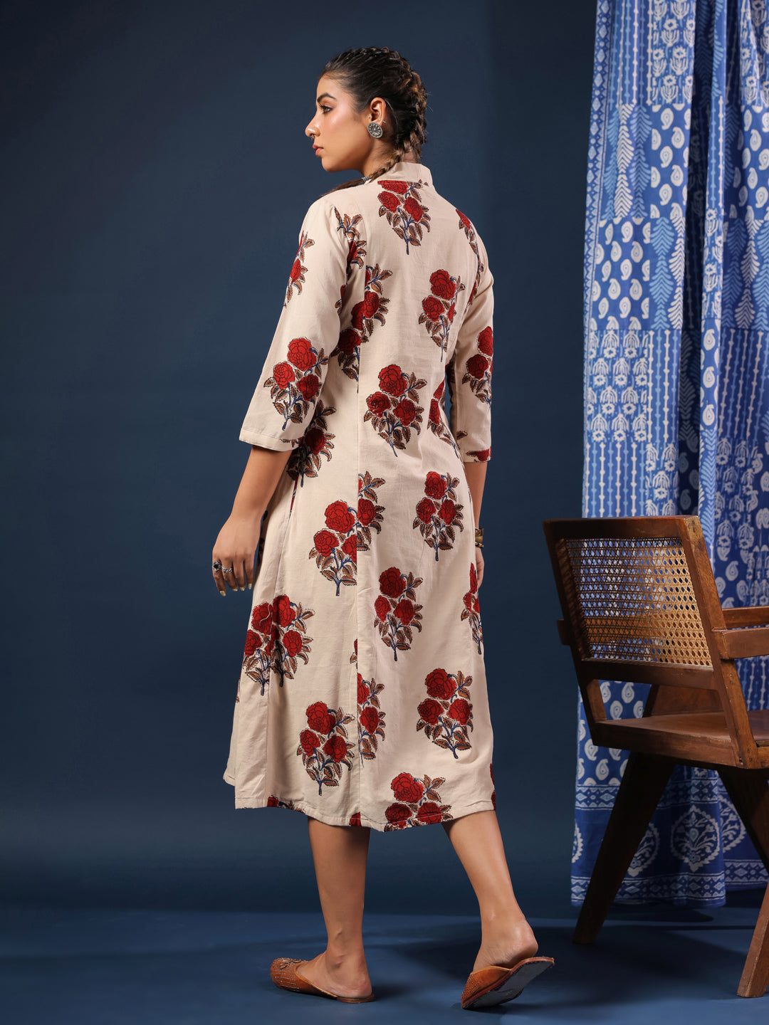 Cream Bagru Handblock Printed Dress with Pockets & Lining