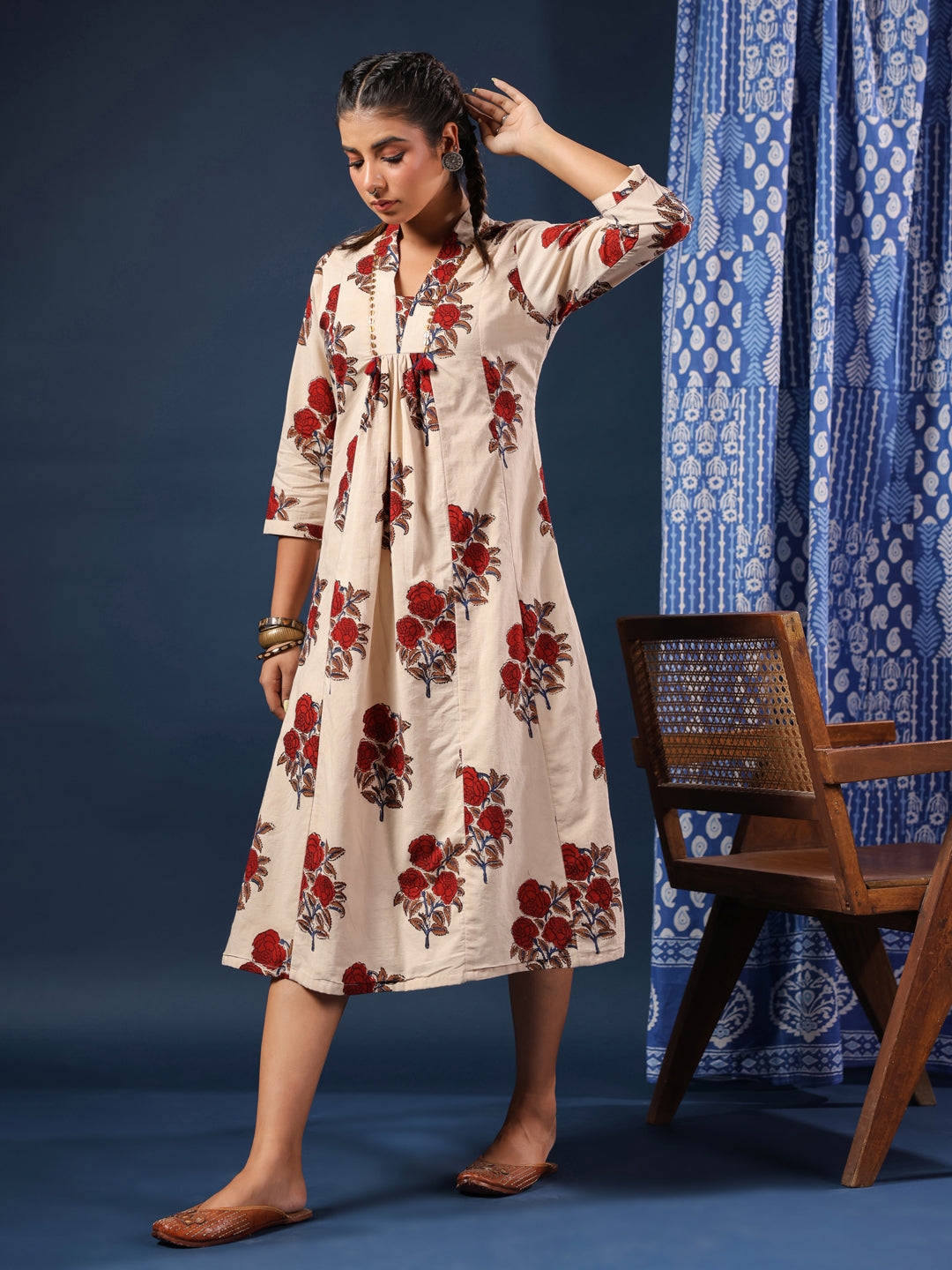 Cream Bagru Handblock Printed Dress with Pockets & Lining