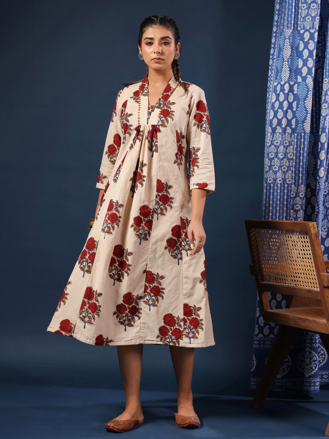 Cream Bagru Handblock Printed Dress with Pockets & Lining