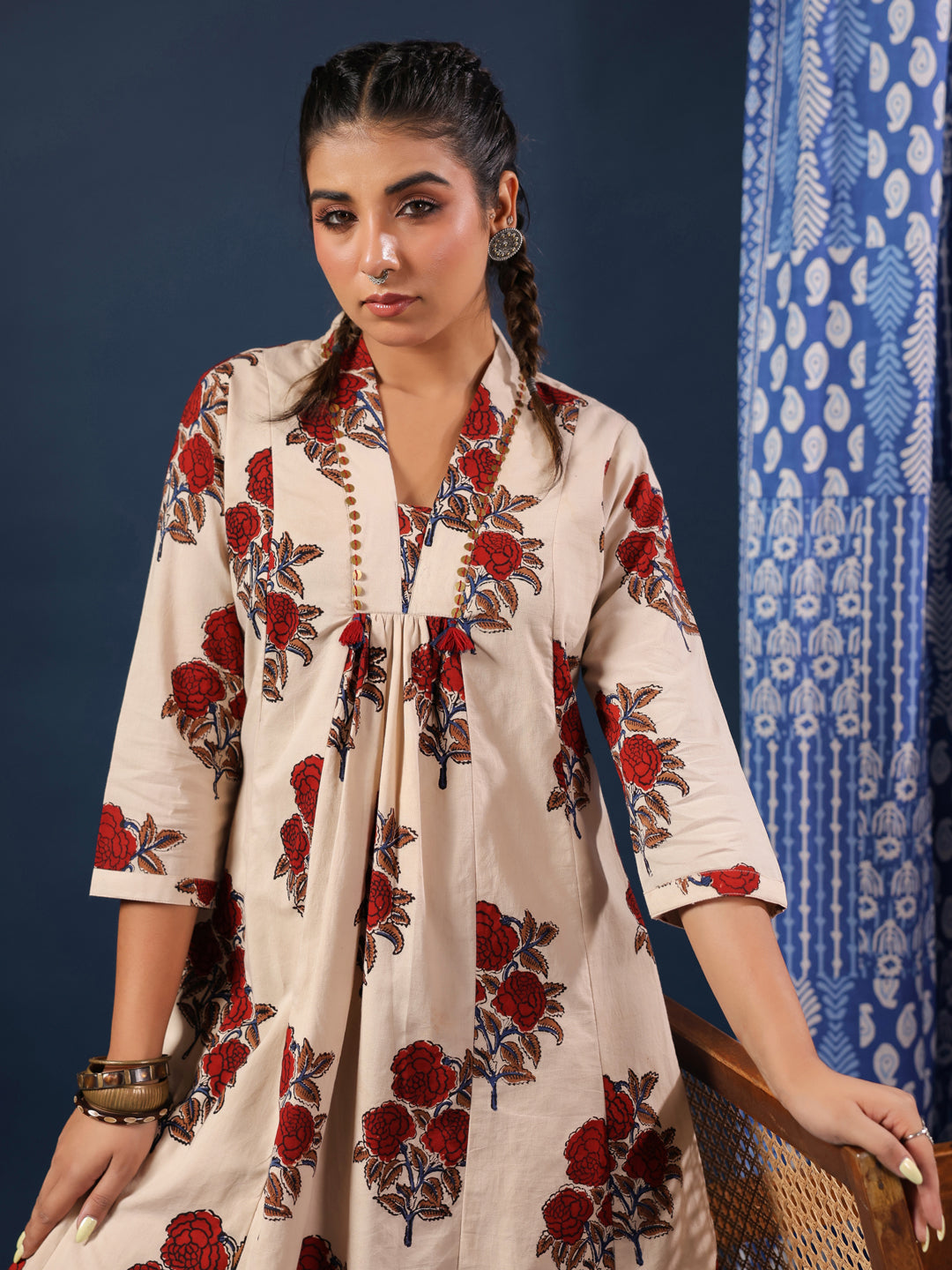 Cream Bagru Handblock Printed Dress with Pockets & Lining