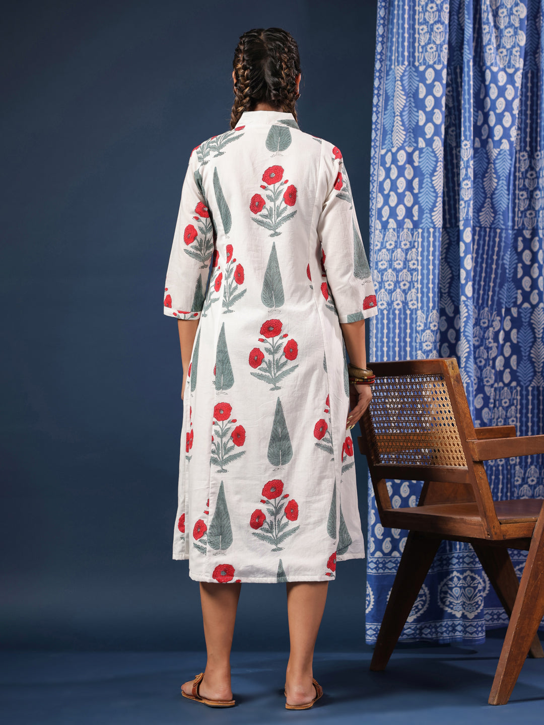 White Mughal Motif Handblock Printed Dress with Pockets & Lining