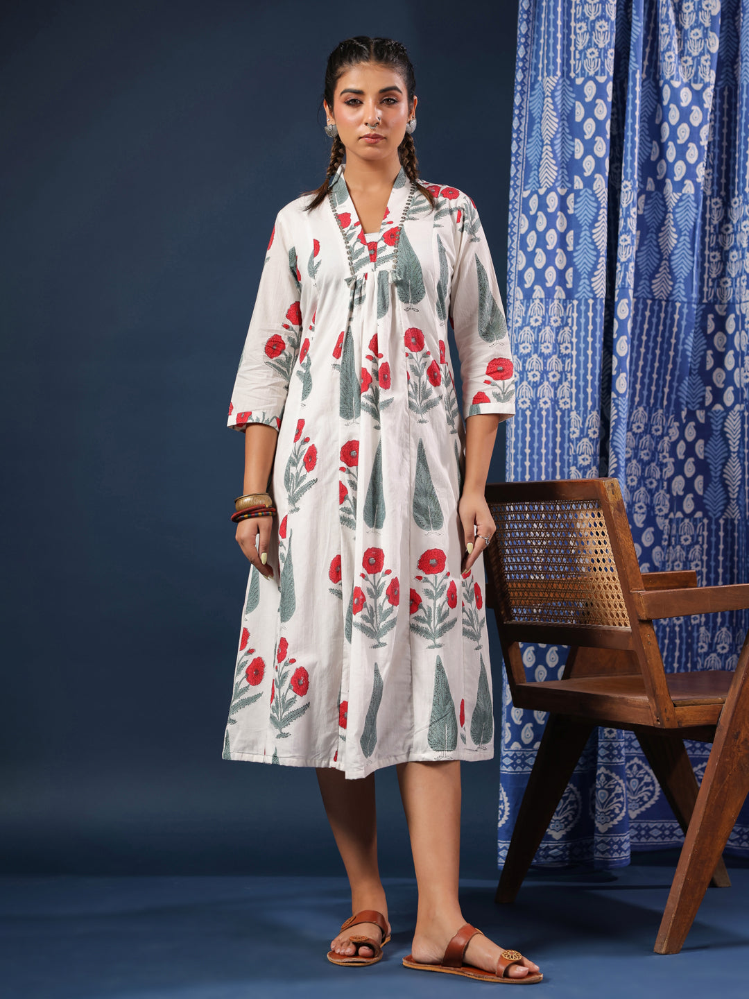 White Mughal Motif Handblock Printed Dress with Pockets & Lining