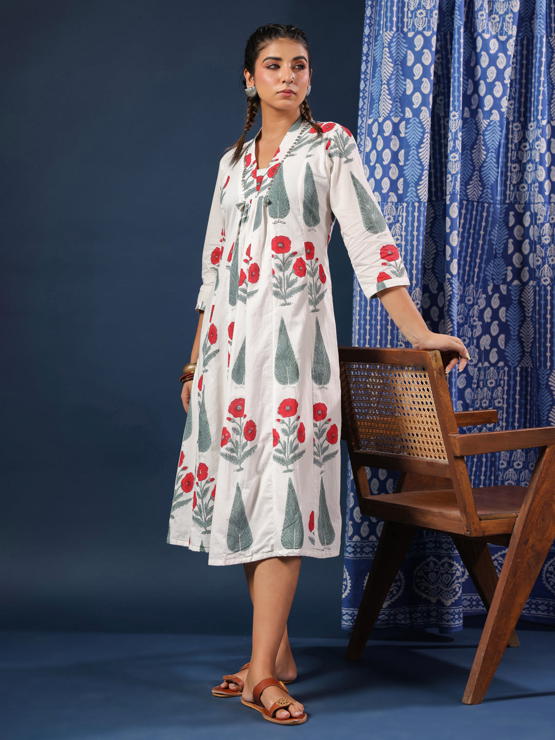 White Mughal Motif Handblock Printed Dress with Pockets & Lining