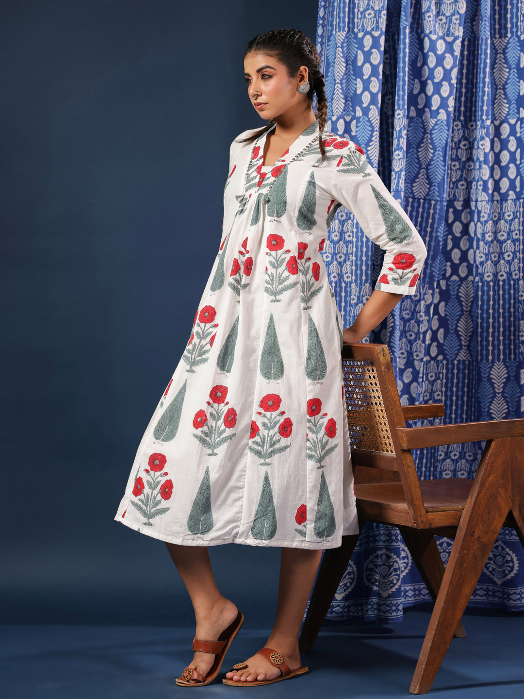 White Mughal Motif Handblock Printed Dress with Pockets & Lining