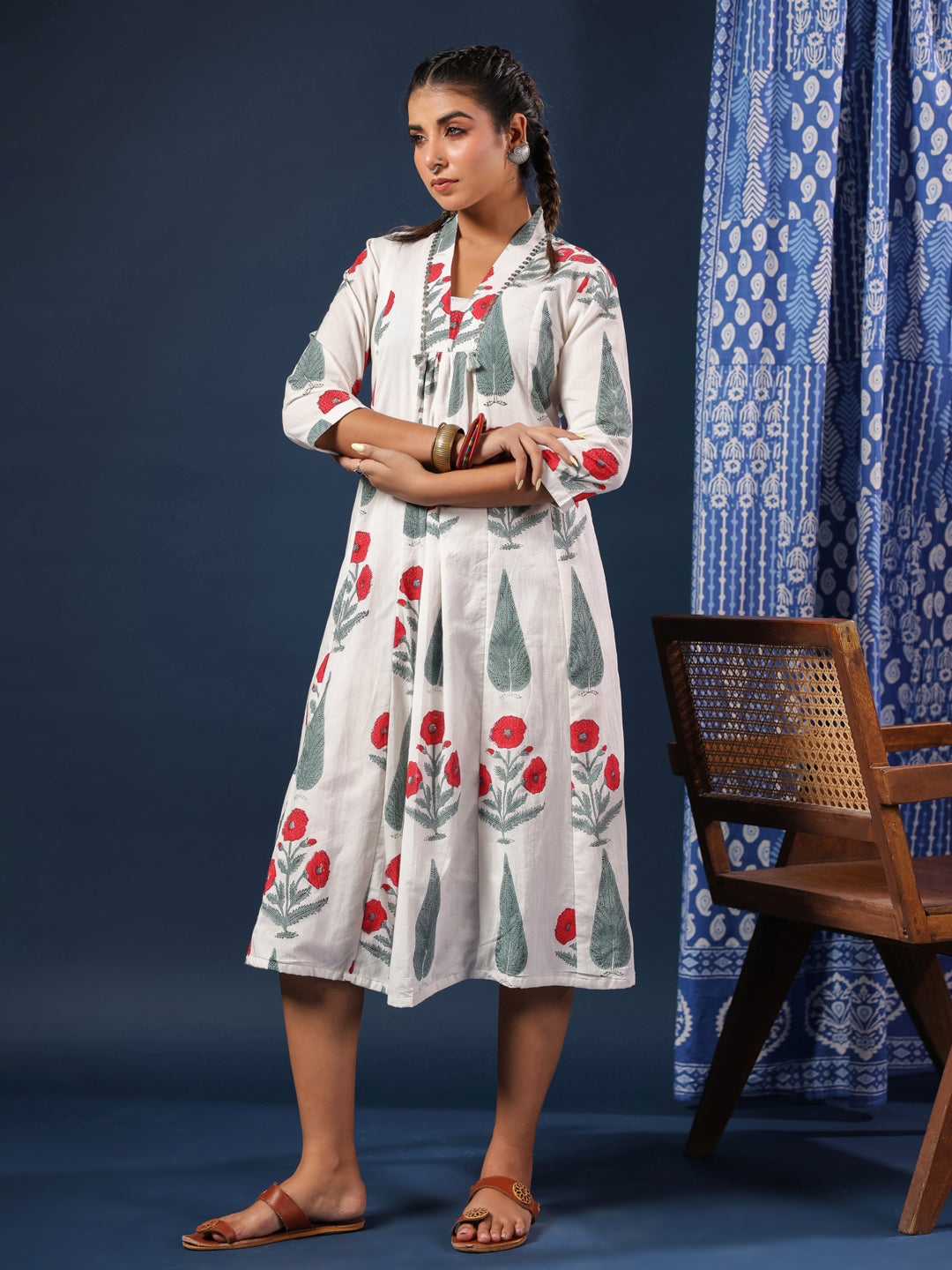 White Mughal Motif Handblock Printed Dress with Pockets & Lining