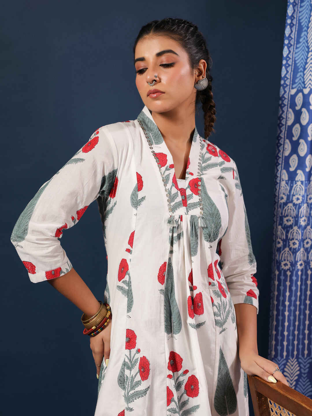 White Mughal Motif Handblock Printed Dress with Pockets & Lining