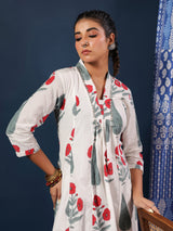White Mughal Motif Handblock Printed Dress with Pockets & Lining