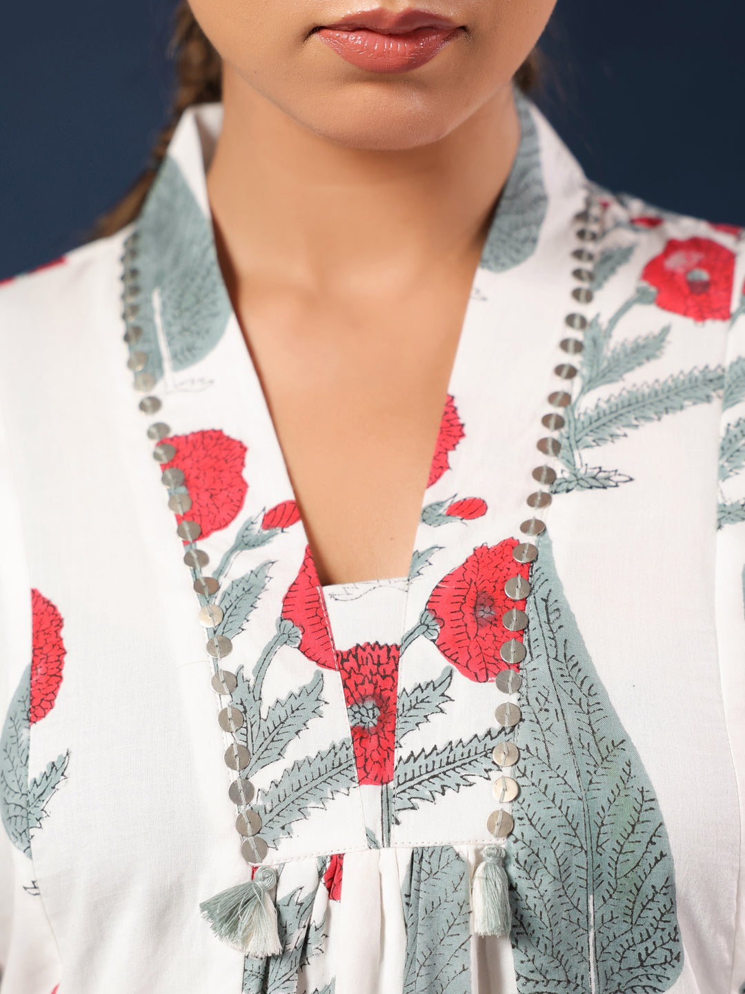 White Mughal Motif Handblock Printed Dress with Pockets & Lining