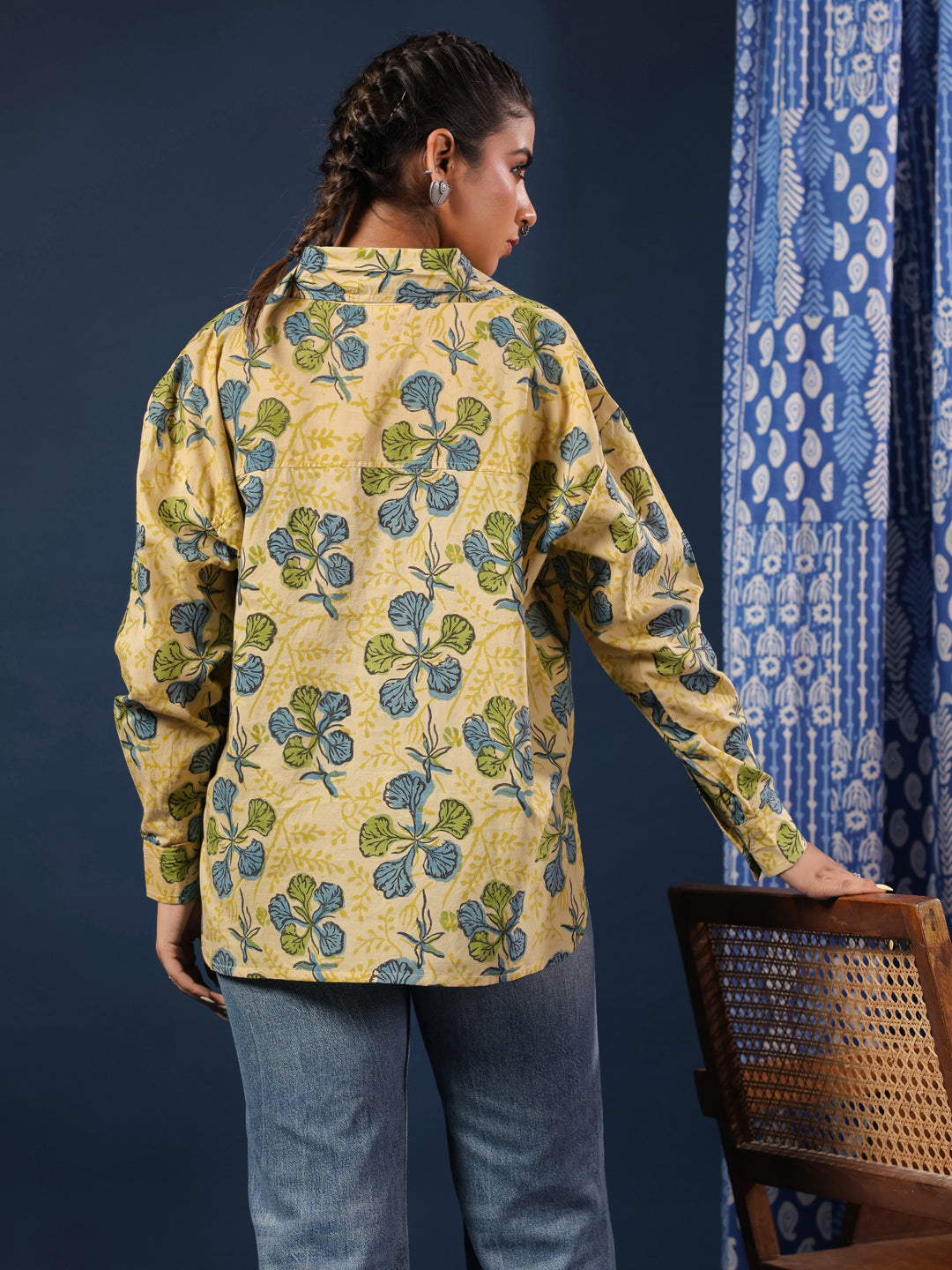 Yellow Handblock Printed Lose Fit Cotton Shirt