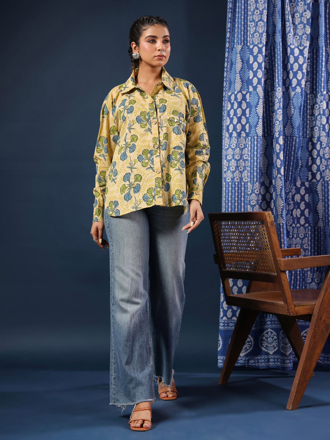 Yellow Handblock Printed Lose Fit Cotton Shirt