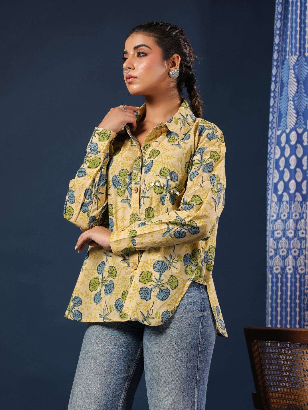 Yellow Handblock Printed Lose Fit Cotton Shirt