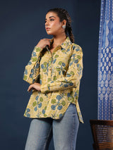 Yellow Handblock Printed Lose Fit Cotton Shirt