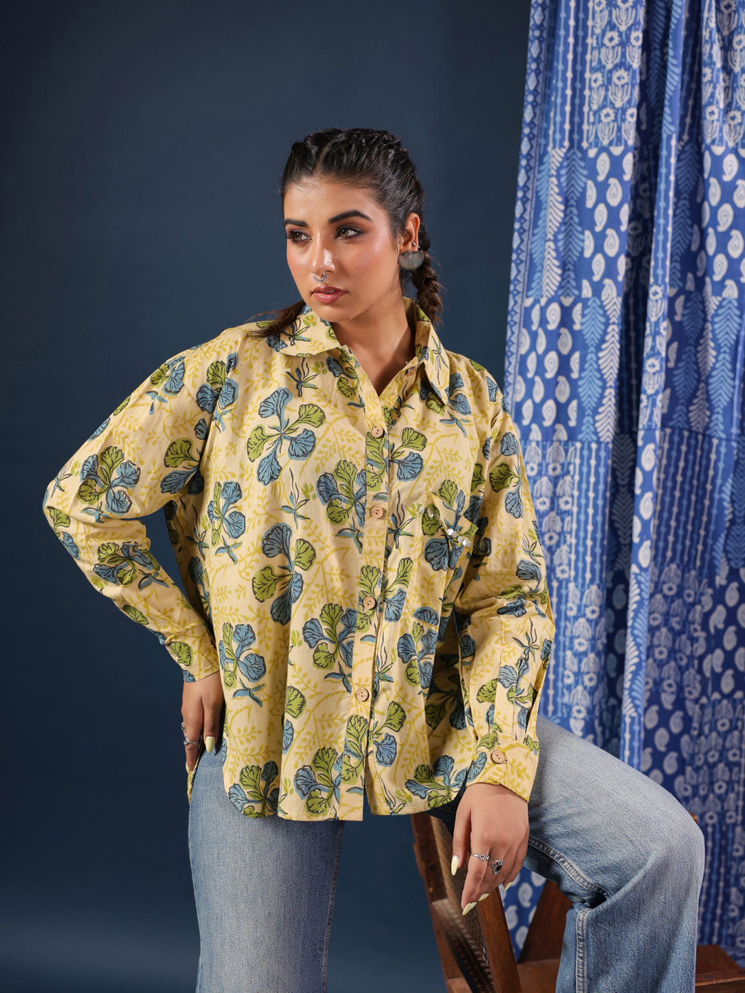 Yellow Handblock Printed Lose Fit Cotton Shirt