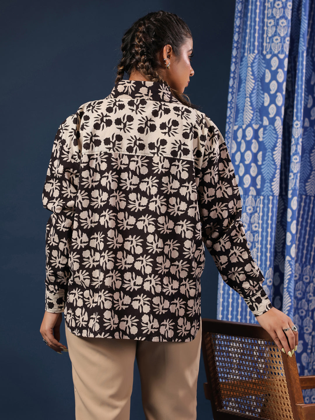 Black Bagru Handblock Printed Lose Fit Cotton Shirt