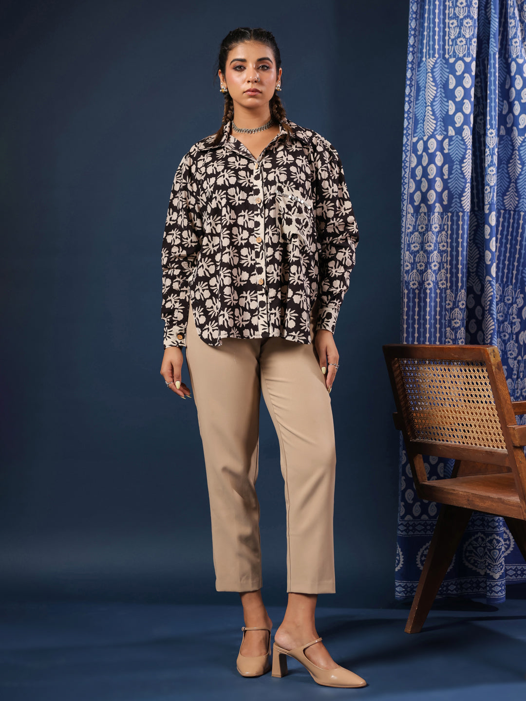 Black Bagru Handblock Printed Lose Fit Cotton Shirt