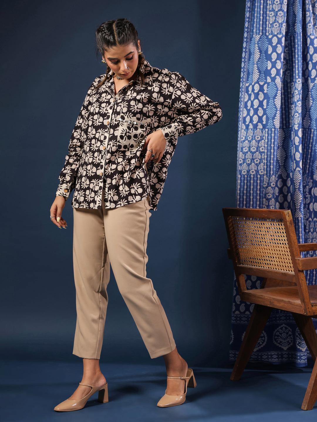 Black Bagru Handblock Printed Lose Fit Cotton Shirt