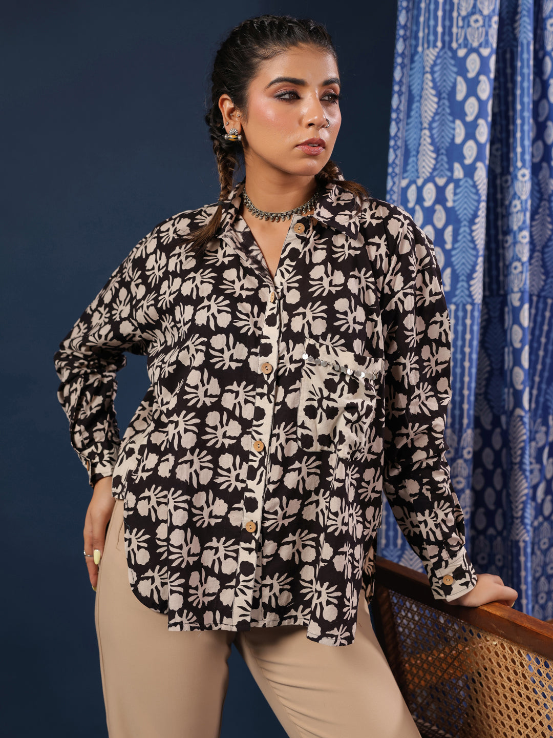 Black Bagru Handblock Printed Lose Fit Cotton Shirt