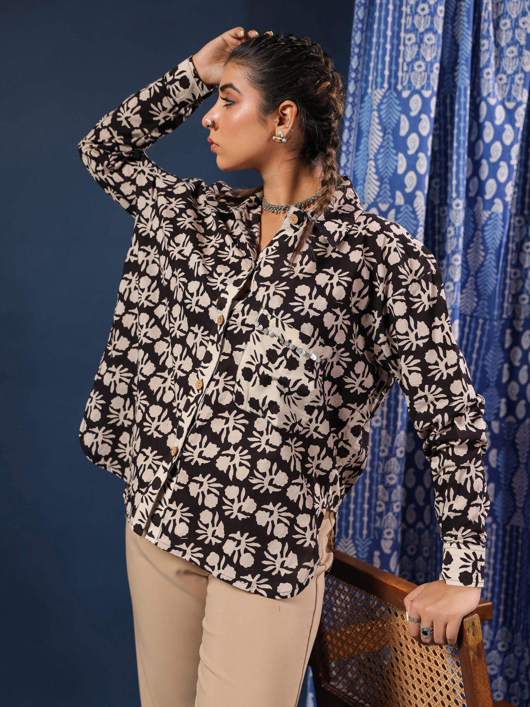 Black Bagru Handblock Printed Lose Fit Cotton Shirt