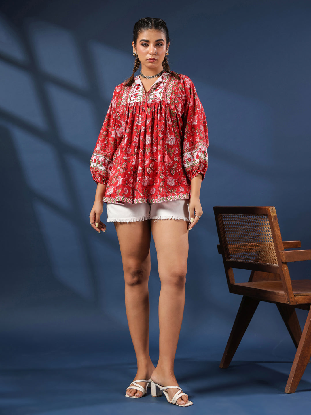 Red Floral Hand-block Printed Boho Volume Sleeves Top