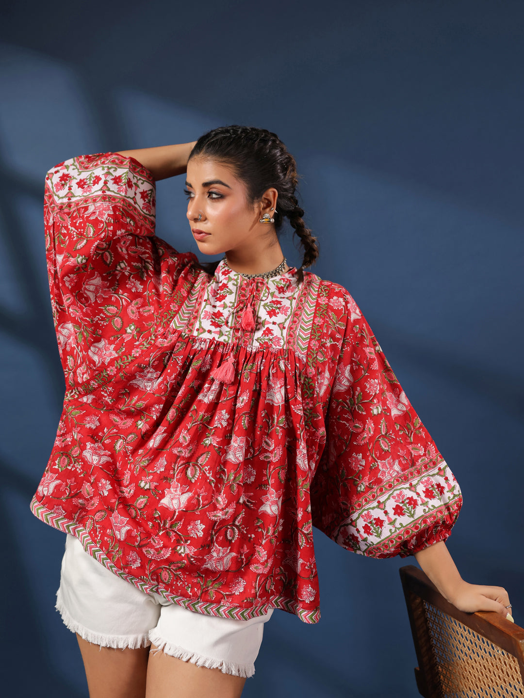 Red Floral Hand-block Printed Boho Volume Sleeves Top