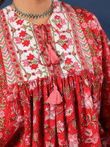 Red Floral Hand-block Printed Boho Volume Sleeves Top