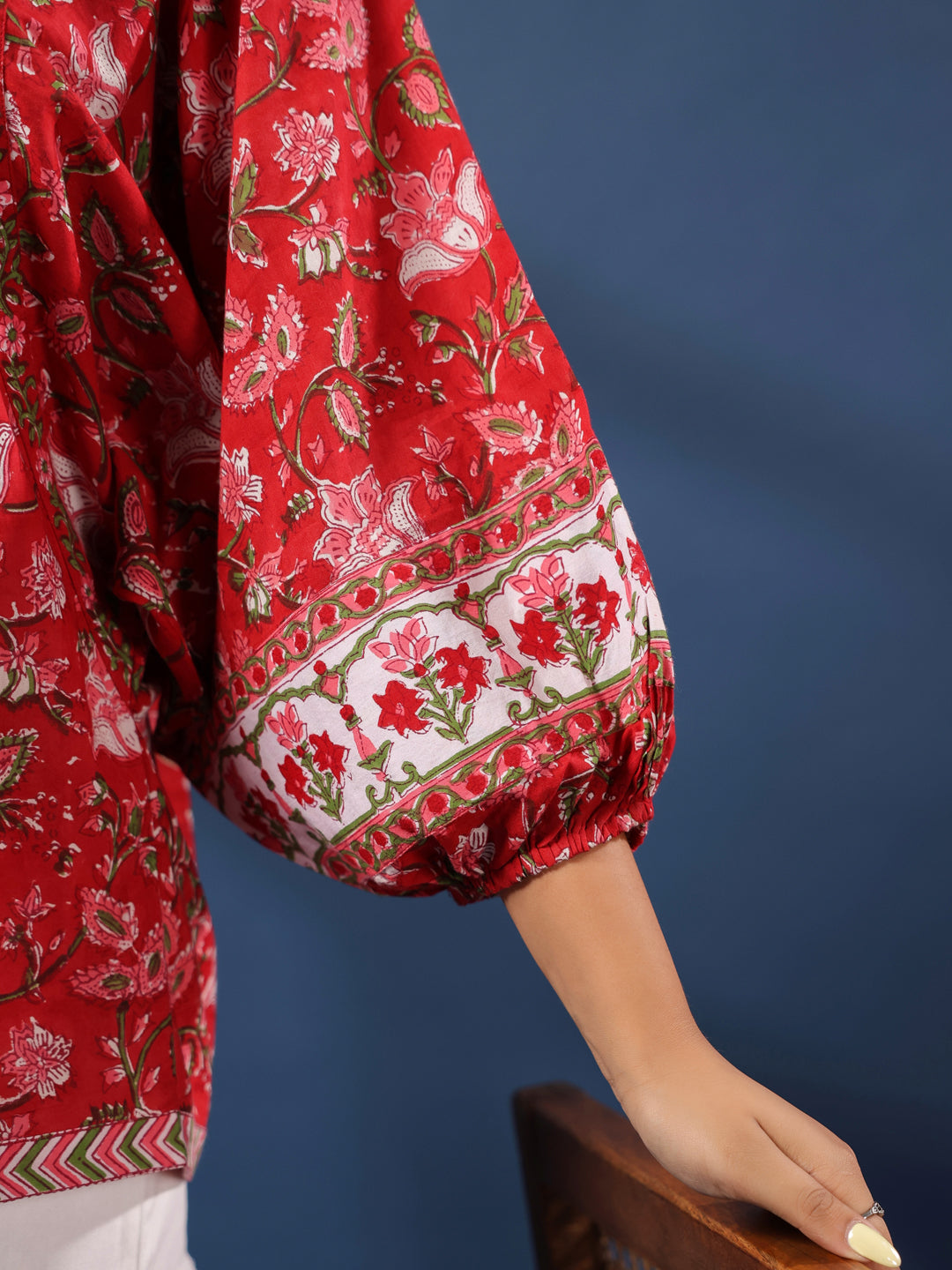 Red Floral Hand-block Printed Boho Volume Sleeves Top