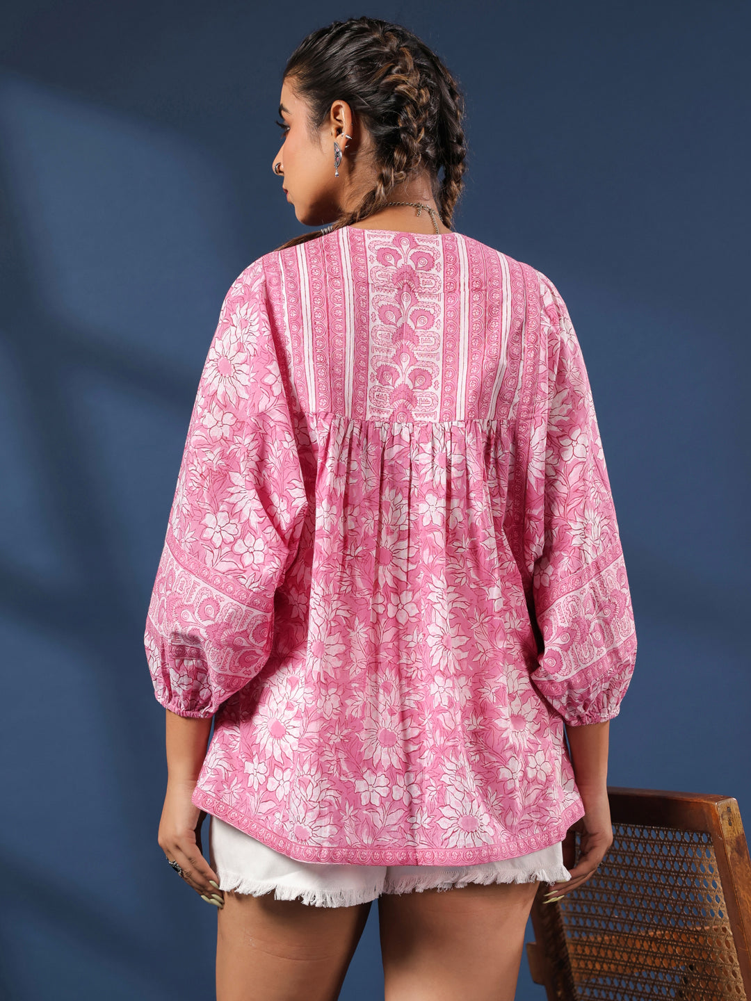 Pink Hand-block Printed Boho Volume Sleeves Top