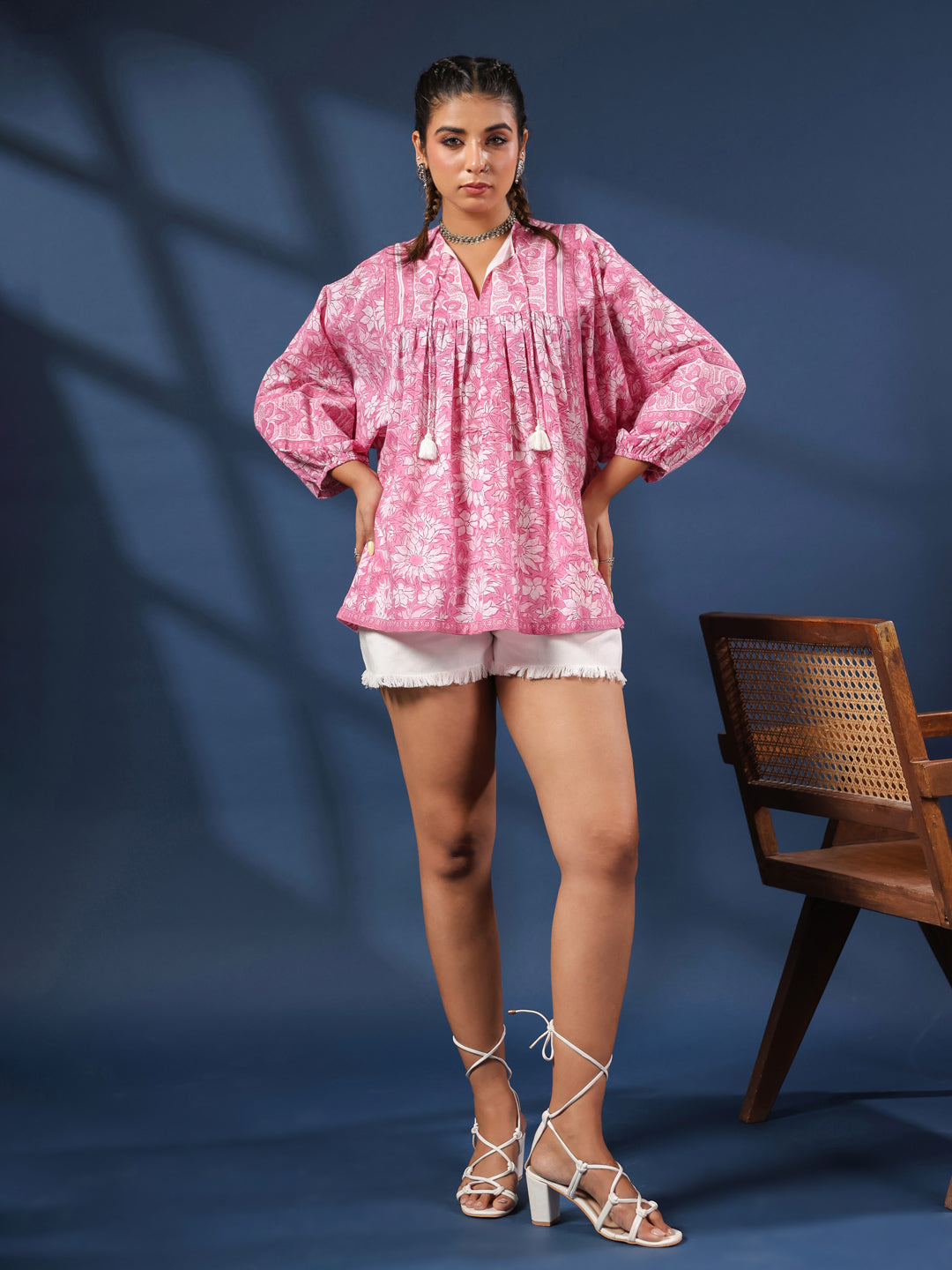 Pink Hand-block Printed Boho Volume Sleeves Top