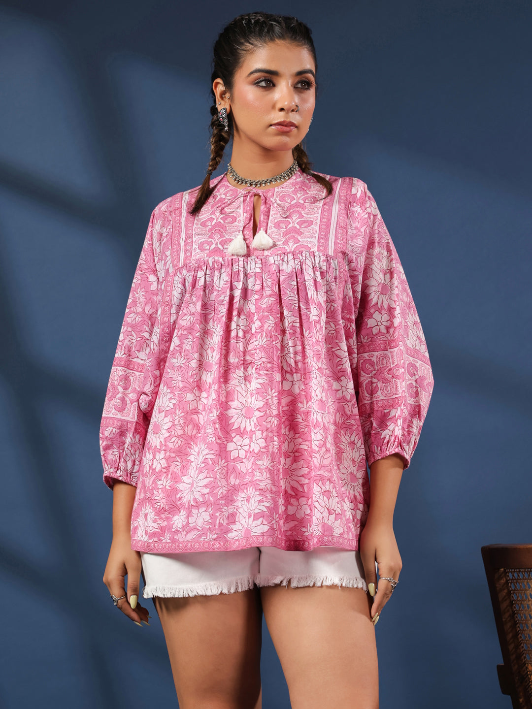 Pink Hand-block Printed Boho Volume Sleeves Top