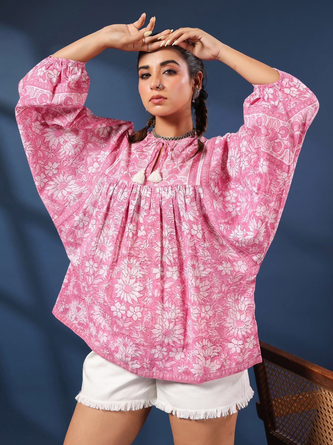 Pink Hand-block Printed Boho Volume Sleeves Top