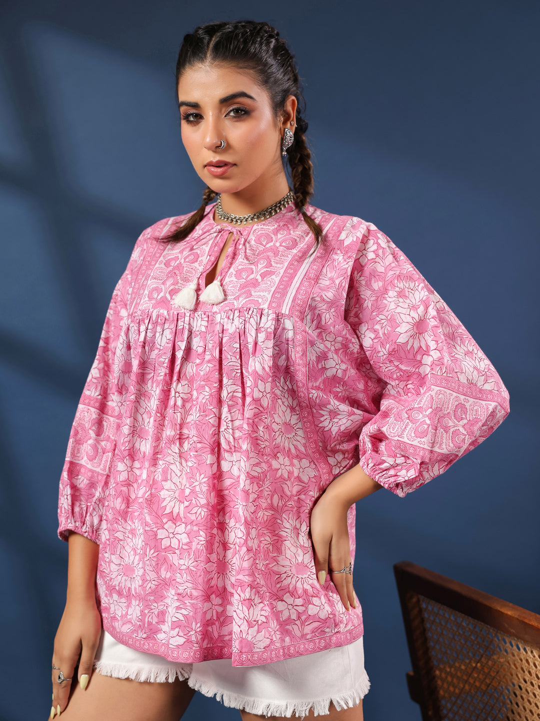 Pink Hand-block Printed Boho Volume Sleeves Top