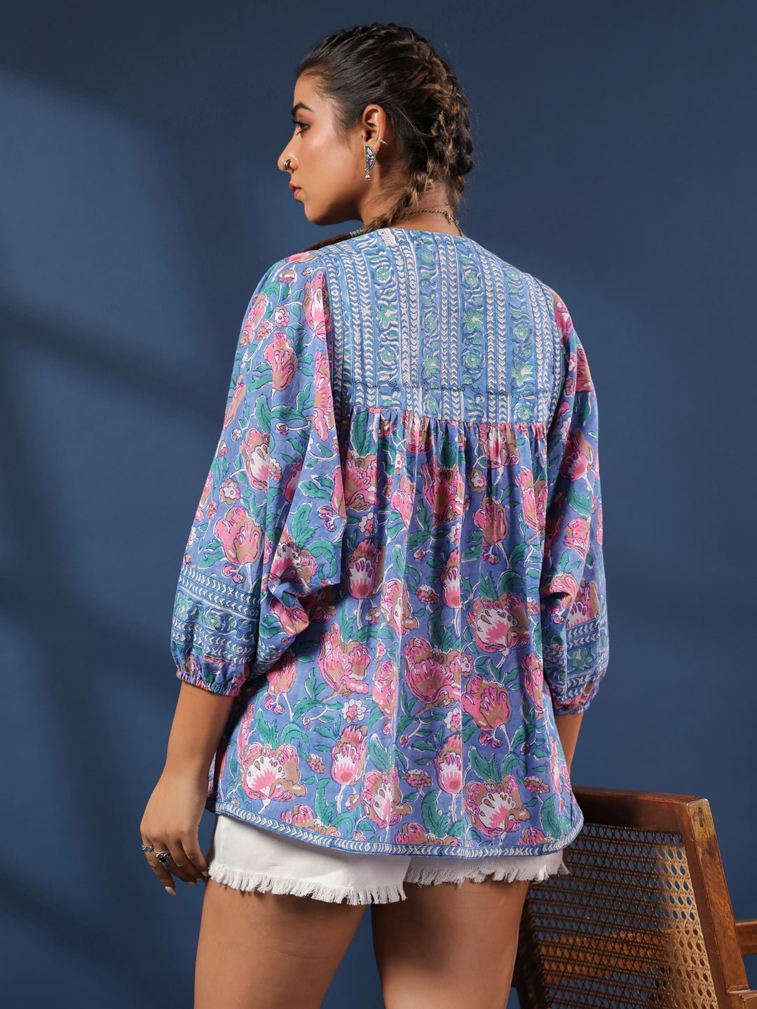 Blue & Pink Floral Boho Volume Sleeves TOP