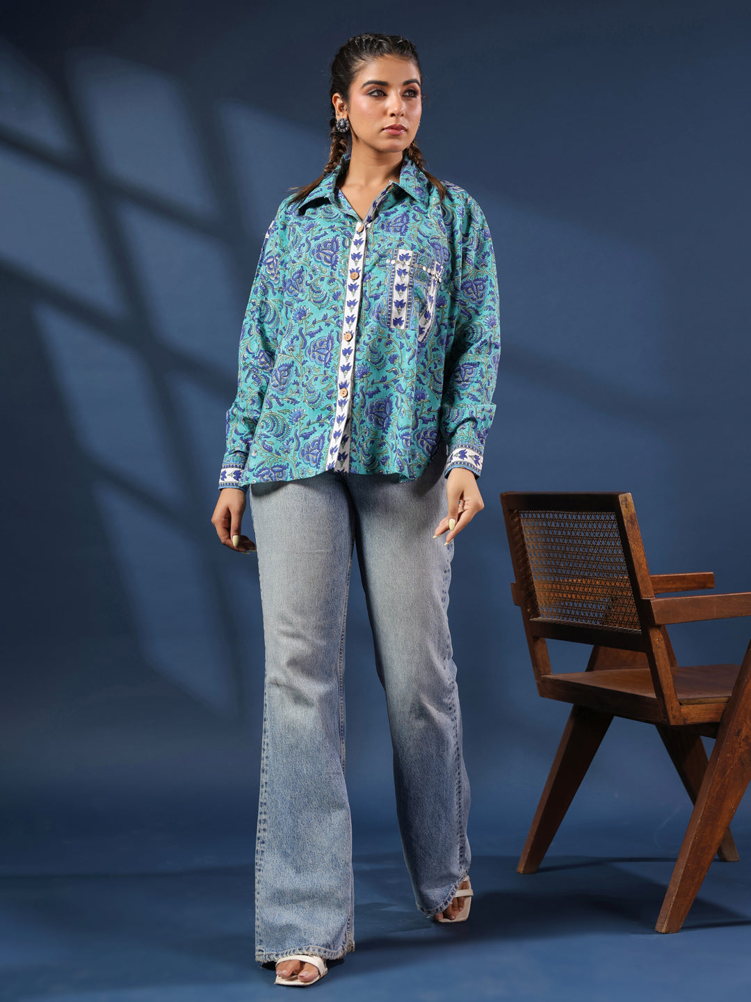 Turquoise Handblock Printed Lose Fit Cotton Shirt