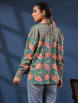 Teal Handblock Printed Lose Fit Cotton Shirt