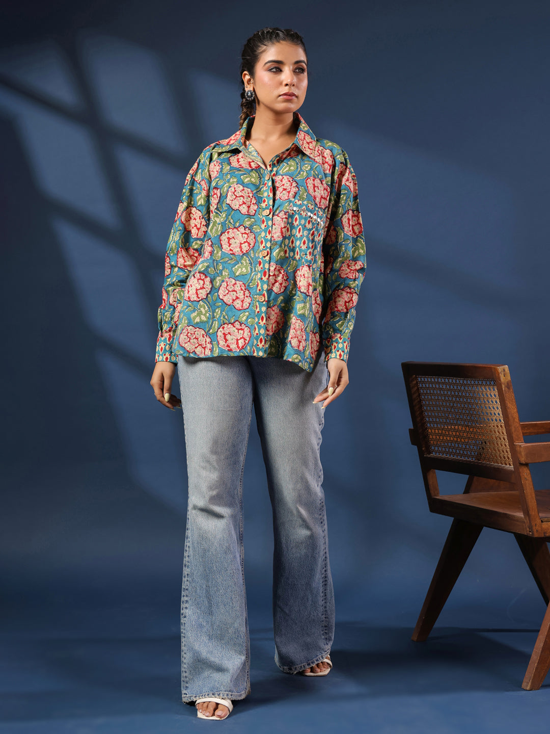 Teal Handblock Printed Lose Fit Cotton Shirt