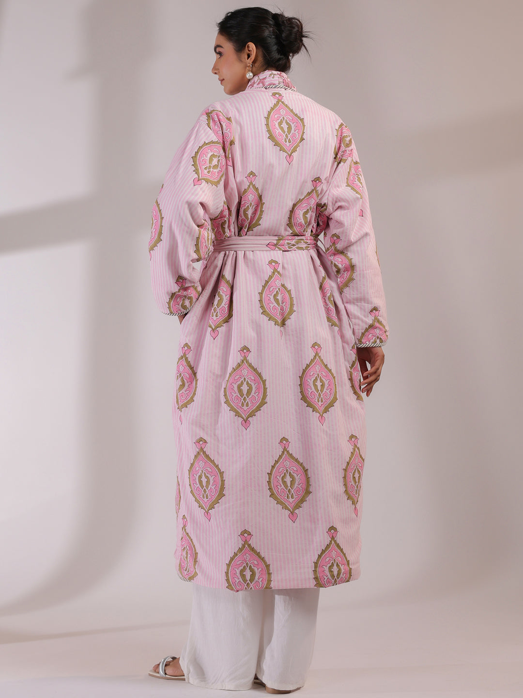 Pink Floral and Stripes Printed Reversible Quilted Robe