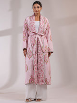 Pink Floral and Stripes Printed Reversible Quilted Robe