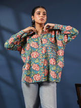 Teal Handblock Printed Lose Fit Cotton Shirt