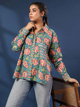 Teal Handblock Printed Lose Fit Cotton Shirt