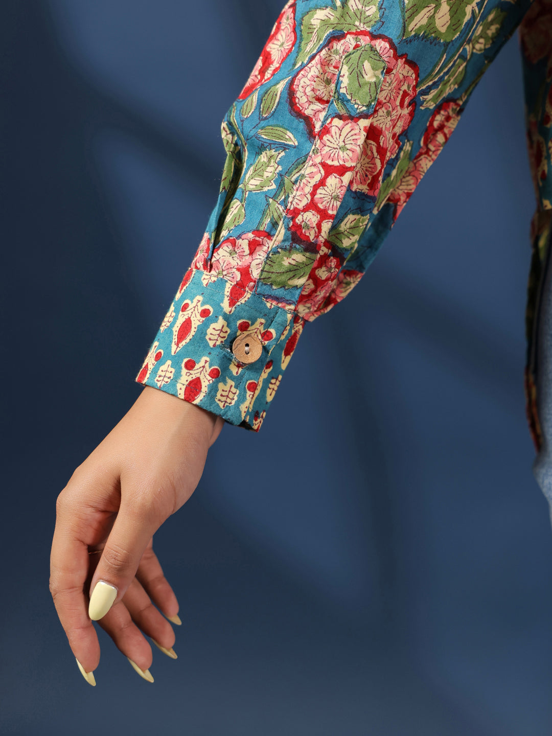 Teal Handblock Printed Lose Fit Cotton Shirt